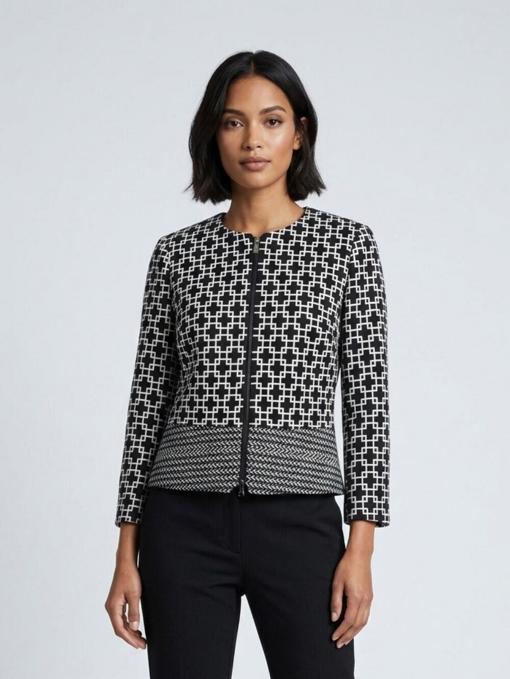 Saks Fifth Avenue Black Label Black & White Geometric Zip Jacket